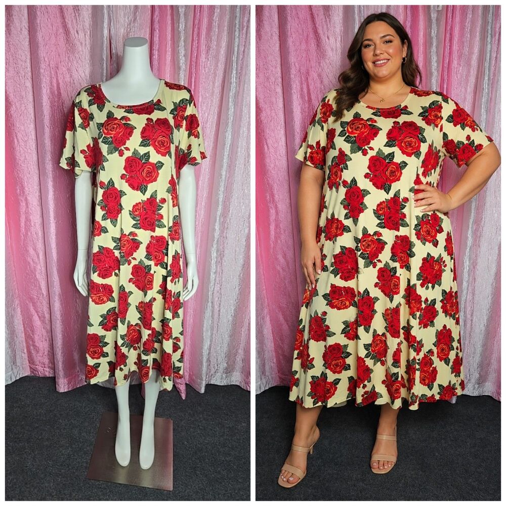 Lularoe Beige Red Rose Floral Carly Casual Tee Midi Dress Size 3XL